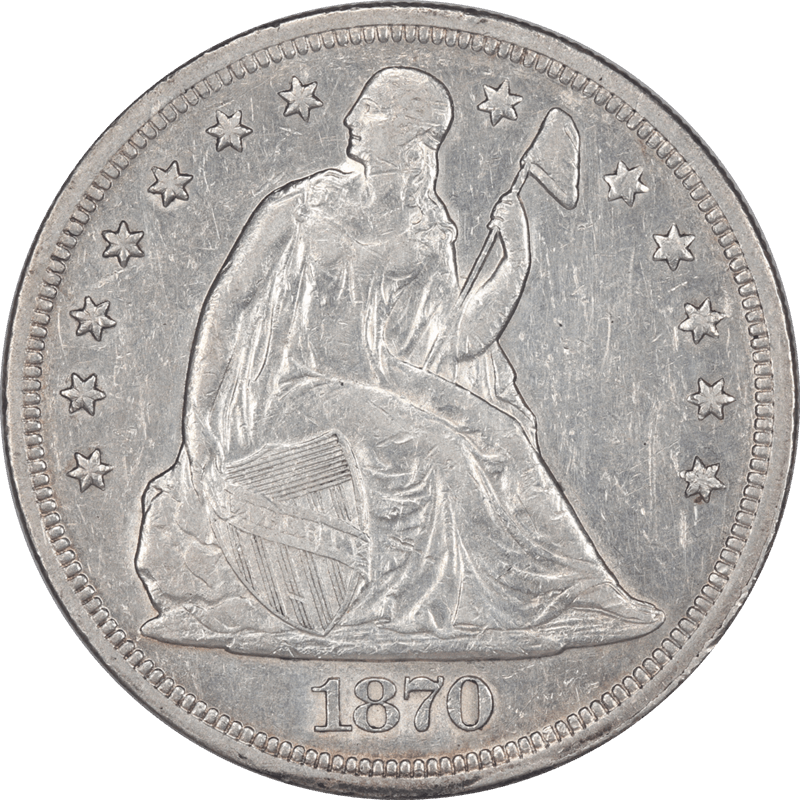 1870 Seated Liberty Silver Dollar,  Circulated Almost Uncirculated - Nice