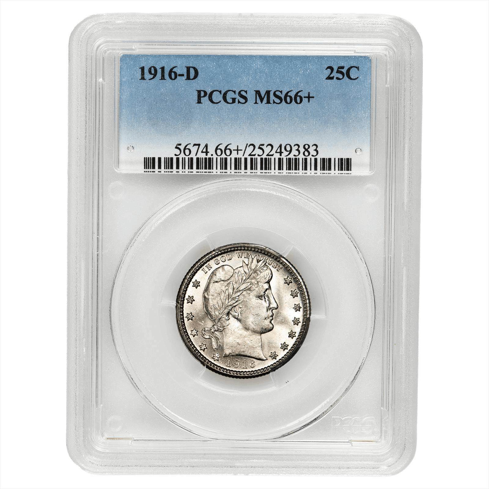 1916-D Barber Quarter 25C PCGS MS 66+