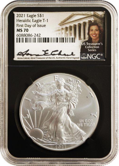 2021 $1 1oz. American Silver Eagle, T1, FDI, MS70, NGC, Anna Cabral