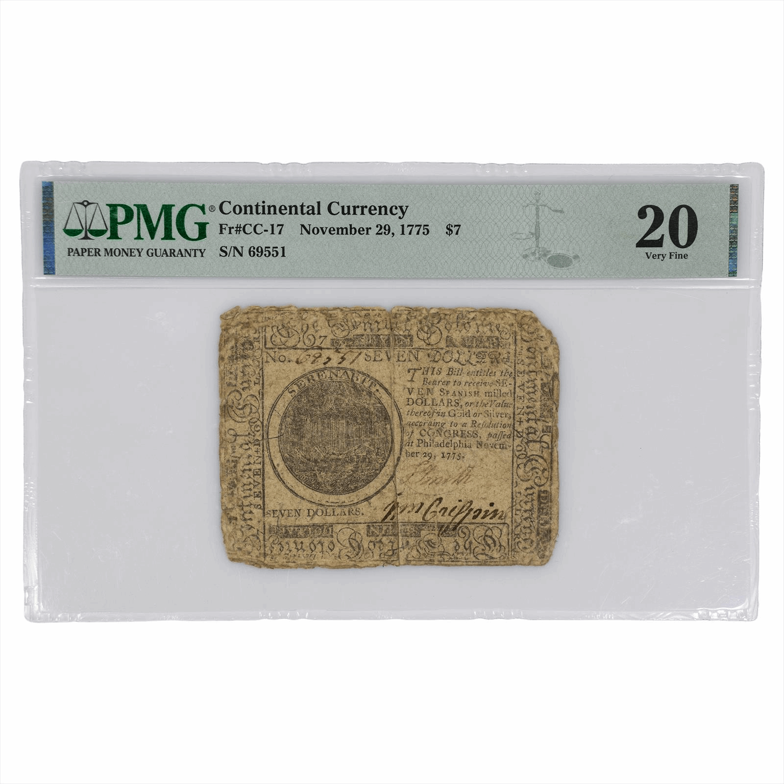 November 29, 1775 Continental Currency $7 FR#CC-17 PMG VF 20