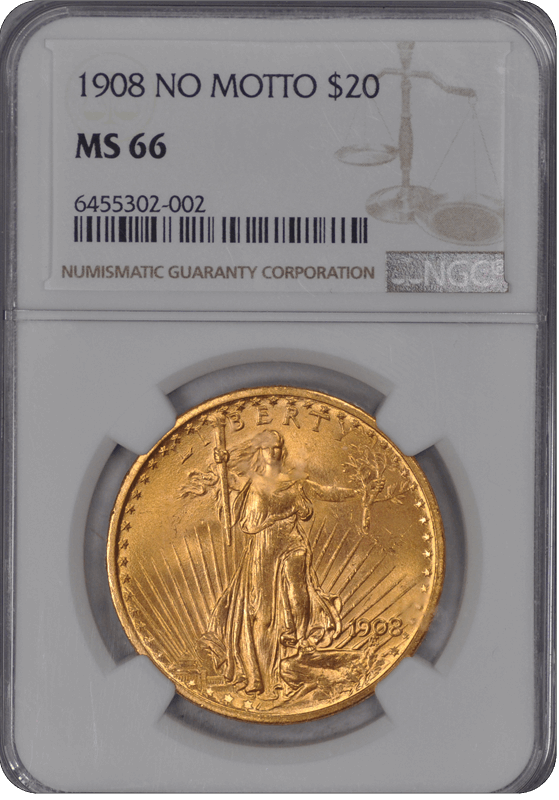 1908 NO MOTTO Saint-Gaudens $20 NGC  #3684-14 MS66