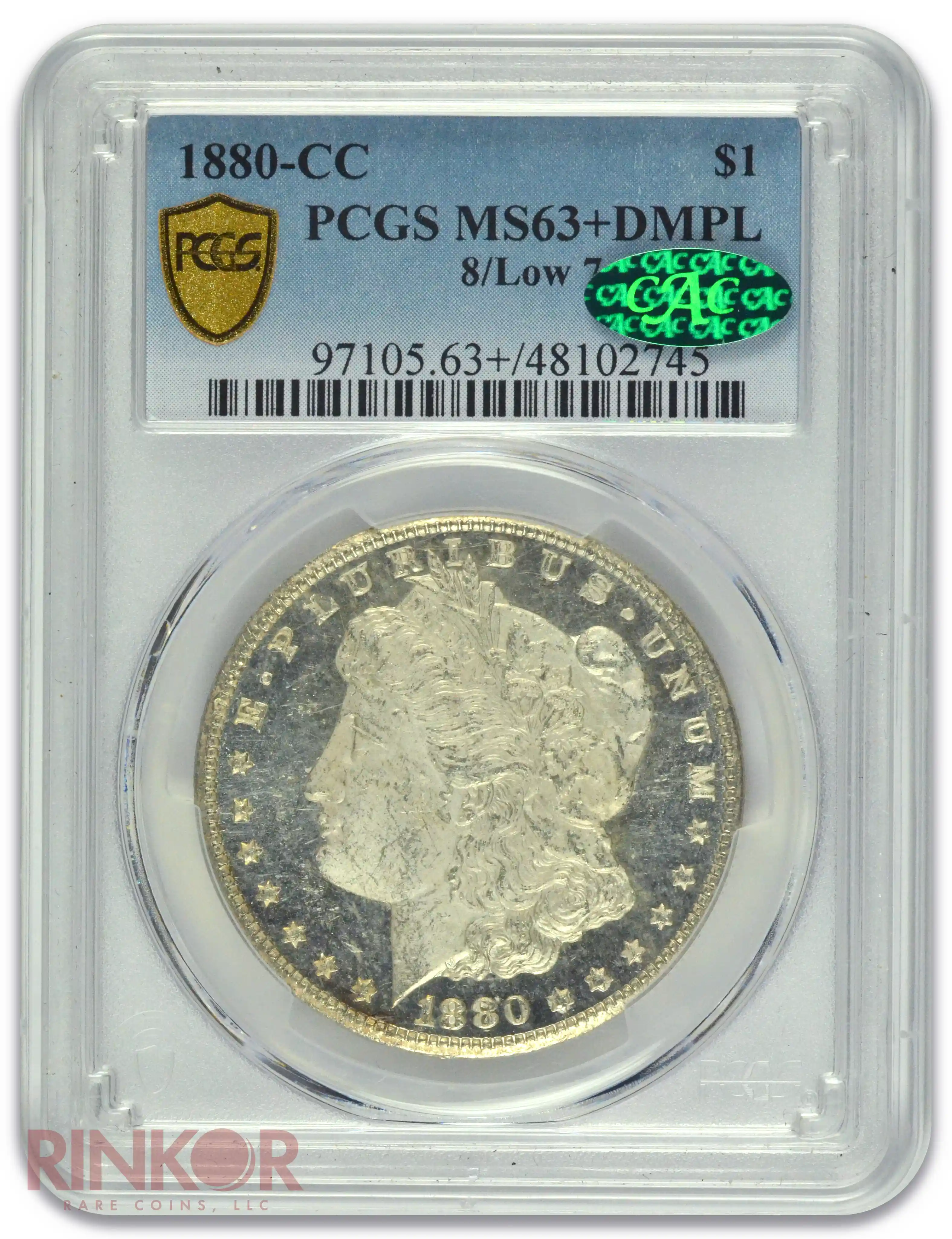 1880-CC $1 8/Low 7 PCGS MS 63+ DMPL CAC