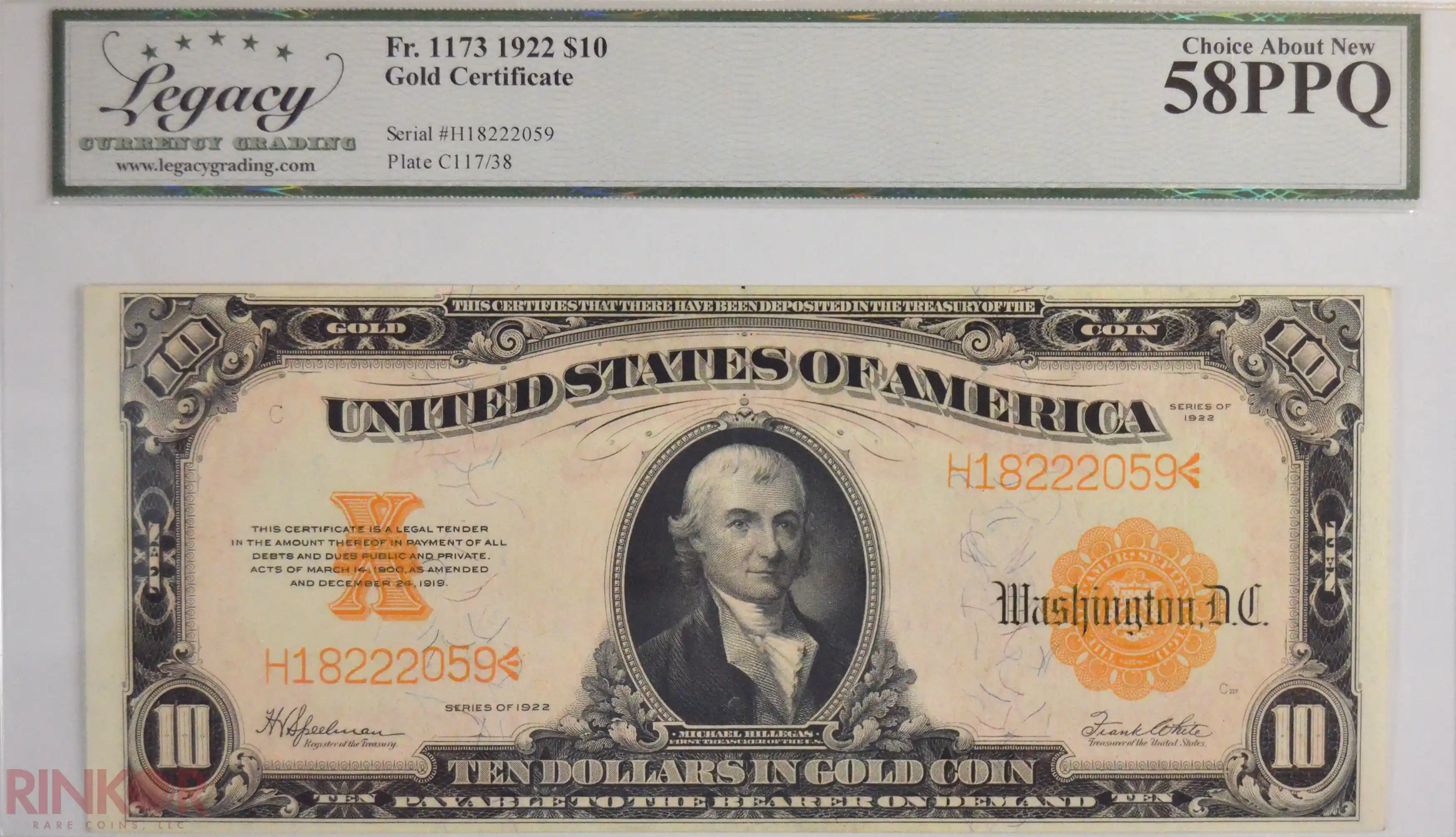1922 $10 Fr. 1173 Gold Certificate LCG AU-58 PPQ