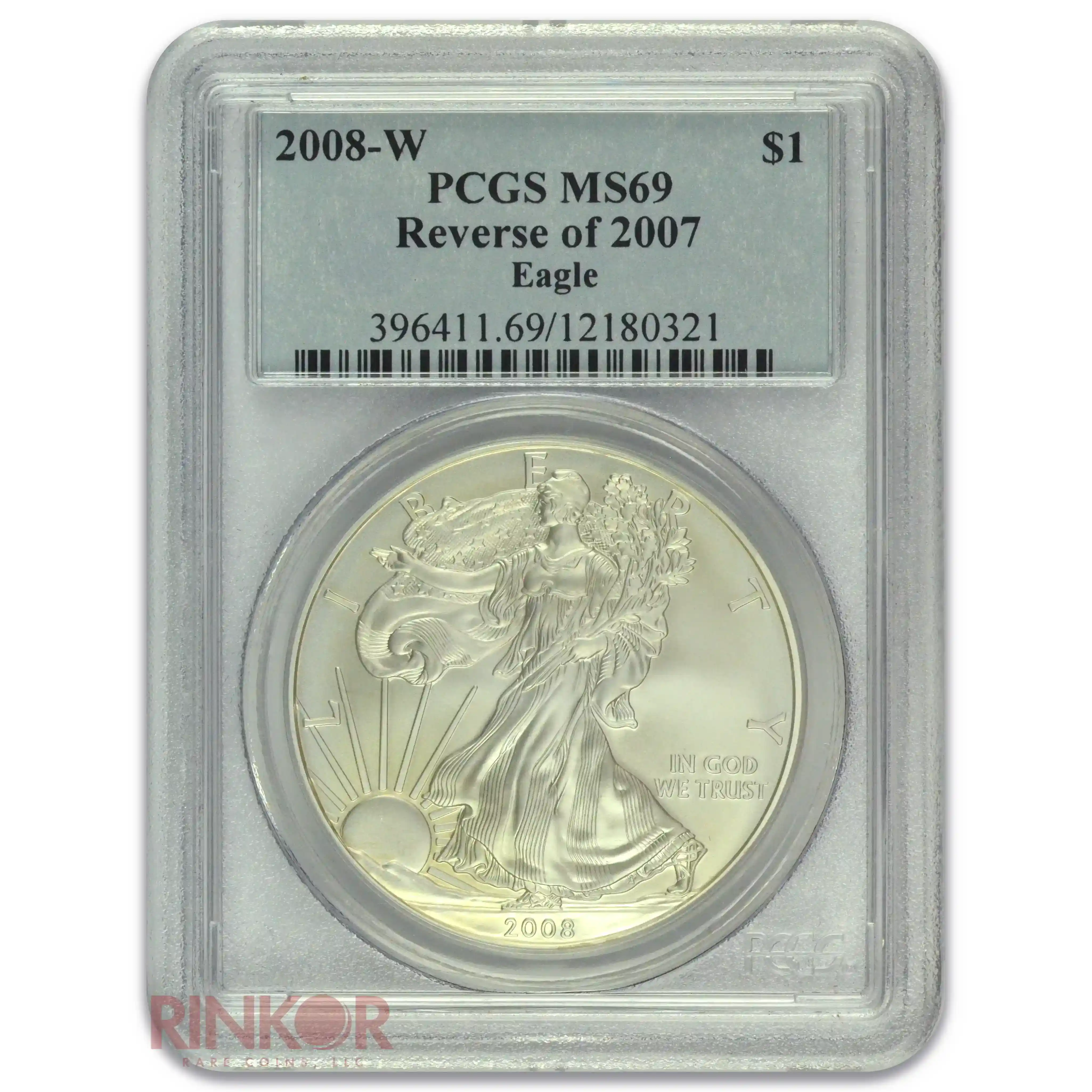 2008-W $1 Burnished Silver Eagle Reverse of 2007 PCGS MS 69