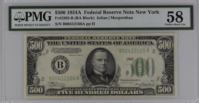 Fr. 2202-B 1934A $500 Federal Reserve Note New York PMG 58 