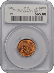 1935 1C Lincoln Cent - Type 1 Wheat Reverse PCGS RD #3688-16 MS66