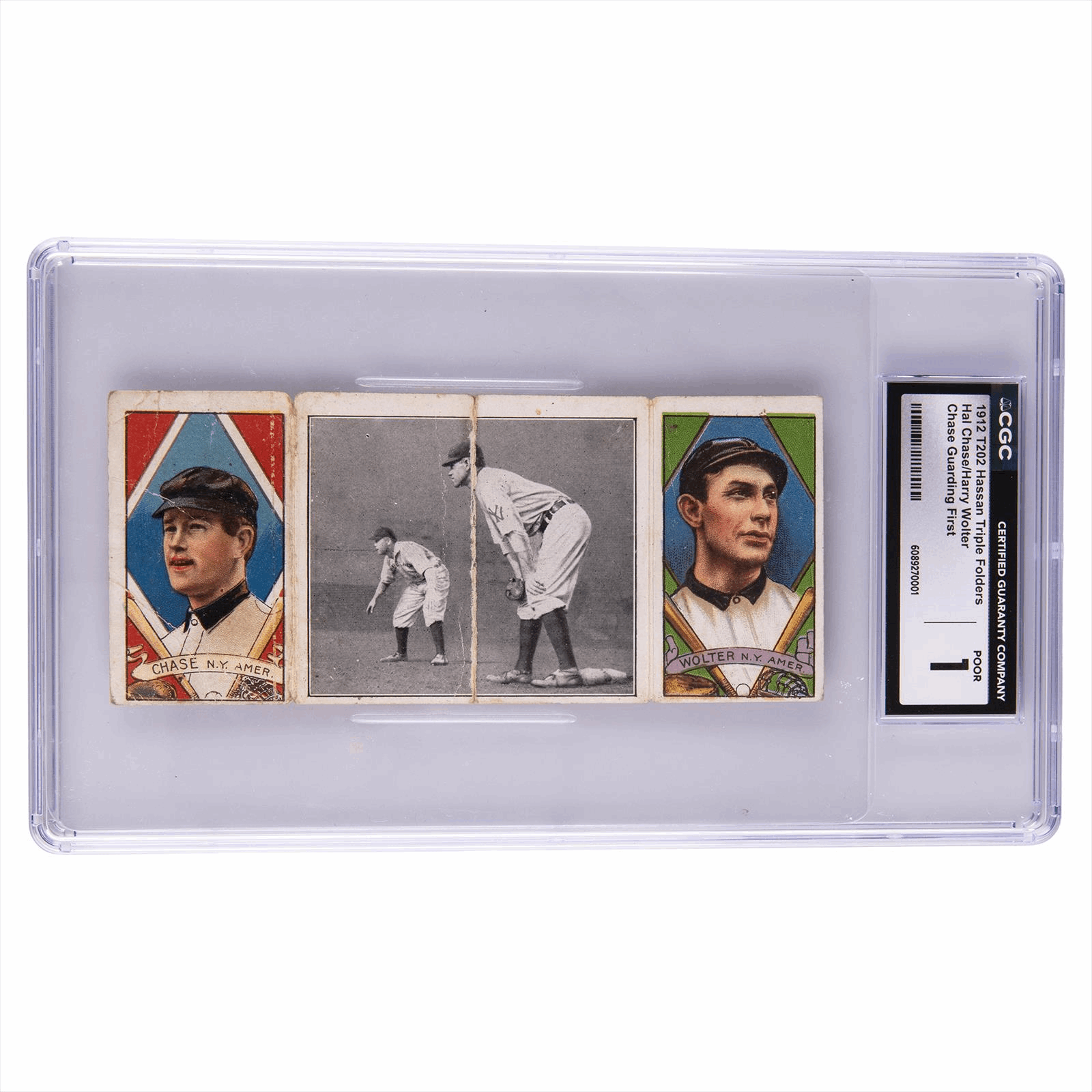 1912 T202 Hassan Triple Folders Hal Chase/Harry Wolter Chase Guarding First CGC POOR 1