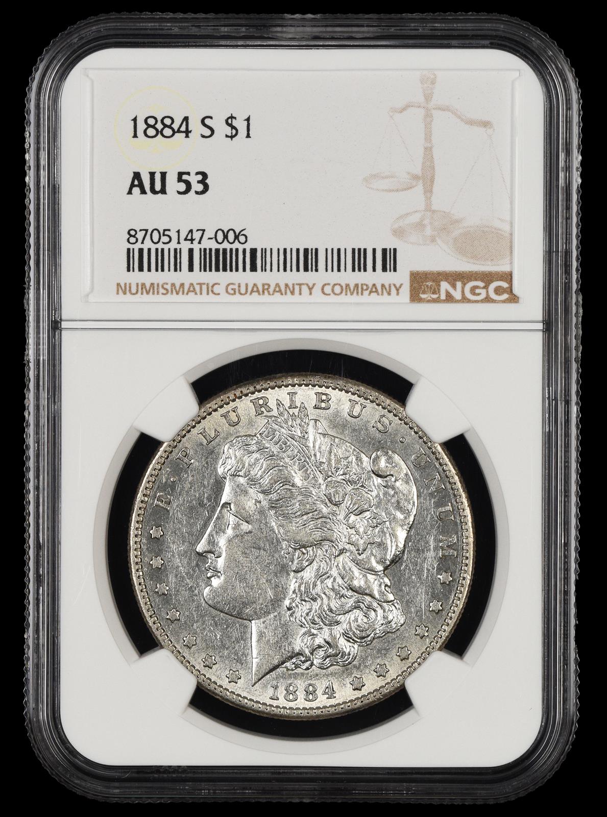 1884 S $1 NGC AU53