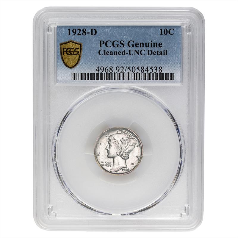 1928-D Mercury Dime, 10C PCGS Genuine, Cleaned-UNC Detail