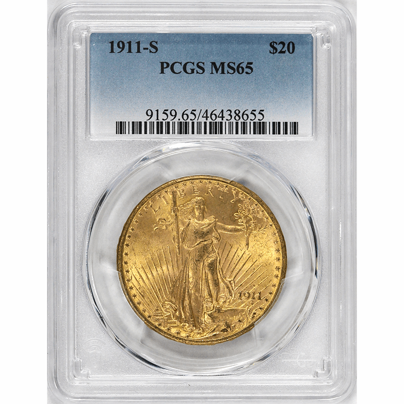 1911-S $20 St. Gaudens Gold Double Eagle - PCGS MS65 - GEM Mint Coin