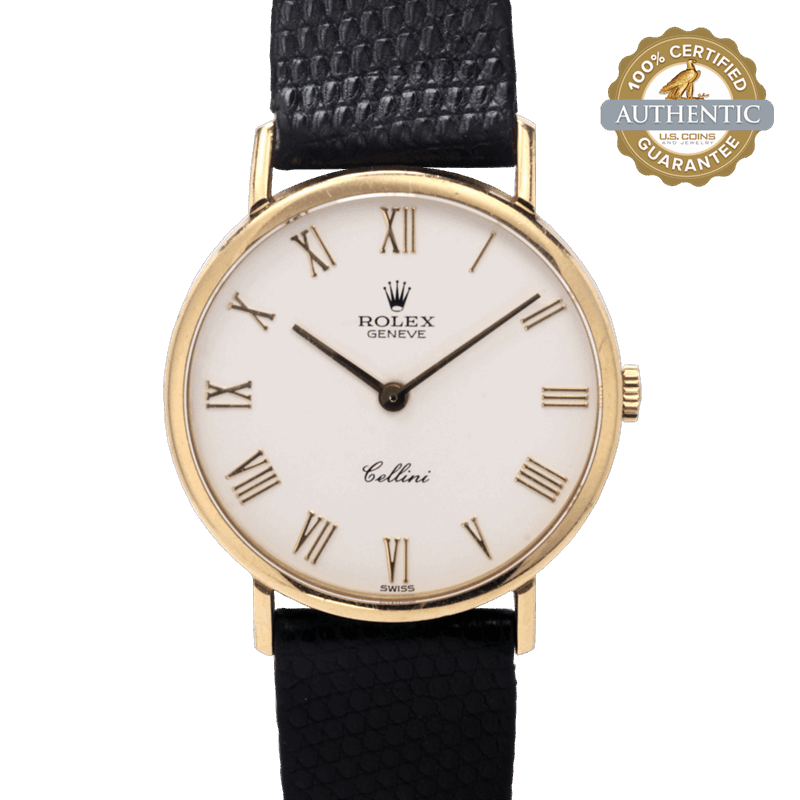 Rolex 32mm Cellini 5112 18K YG Roman Numeral Dial on Leather Strap Watch Only