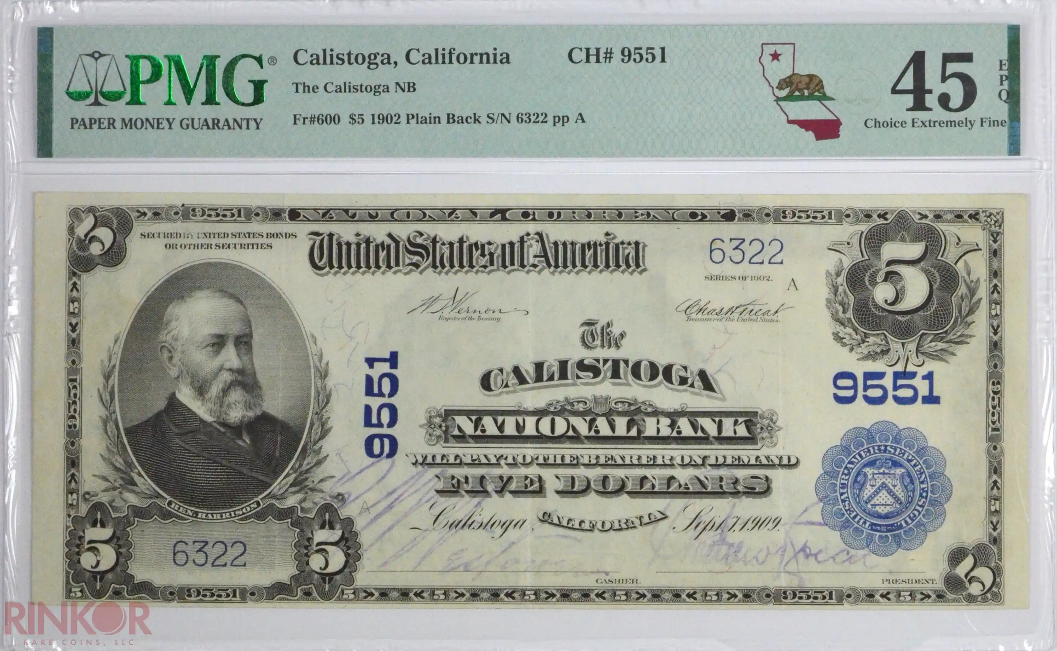 1902 Plain Back $5 Fr. 600 Charter #9551 National Bank Note PMG XF-45 EPQ