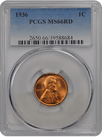 1936 1C Lincoln Cent - Type 1 Wheat Reverse PCGS RD #3457-3 MS66