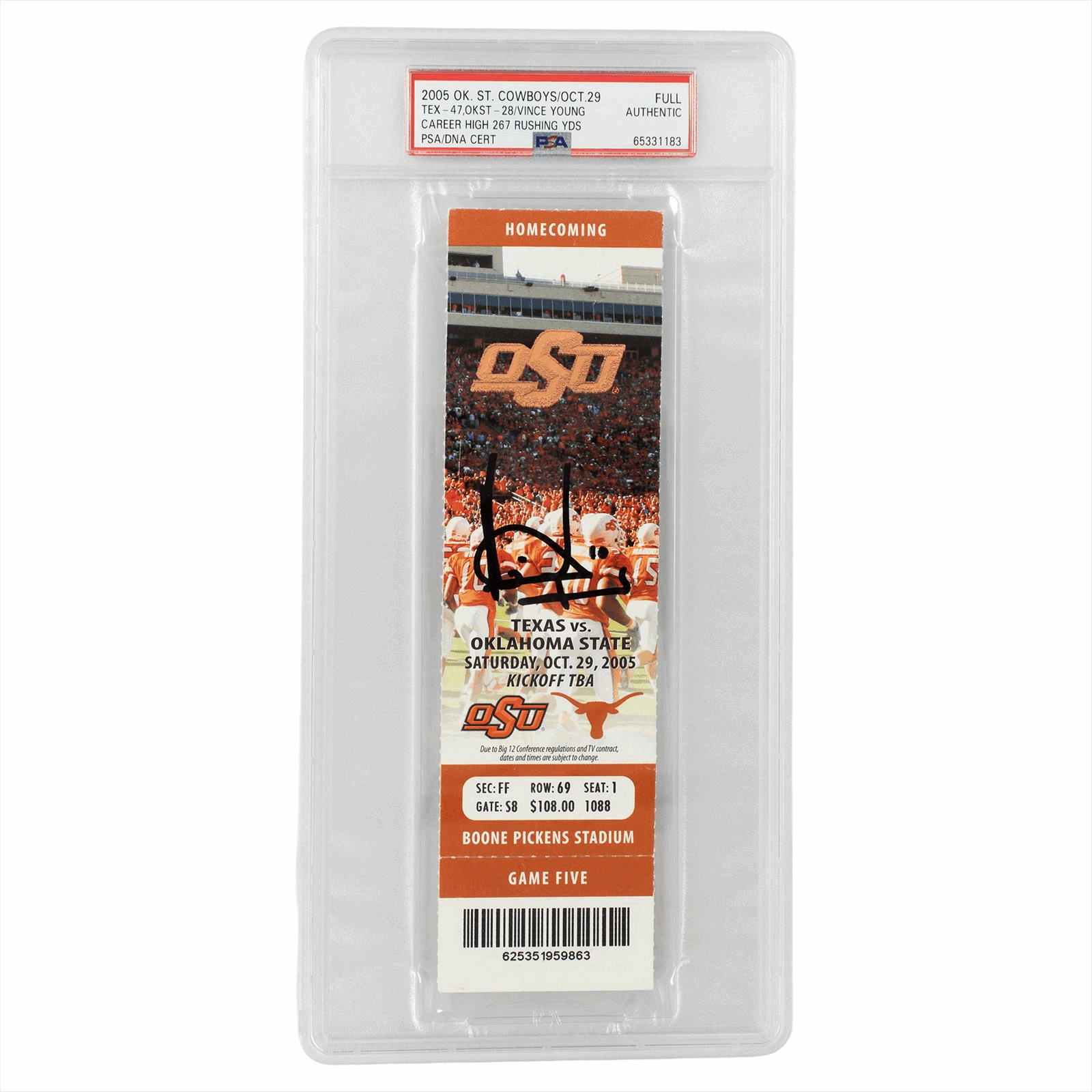 2005 OK St. Cowboys Texas-47 OK-28 Vince Young Career High FULL PSA AUTHENTIC Cert #65331183