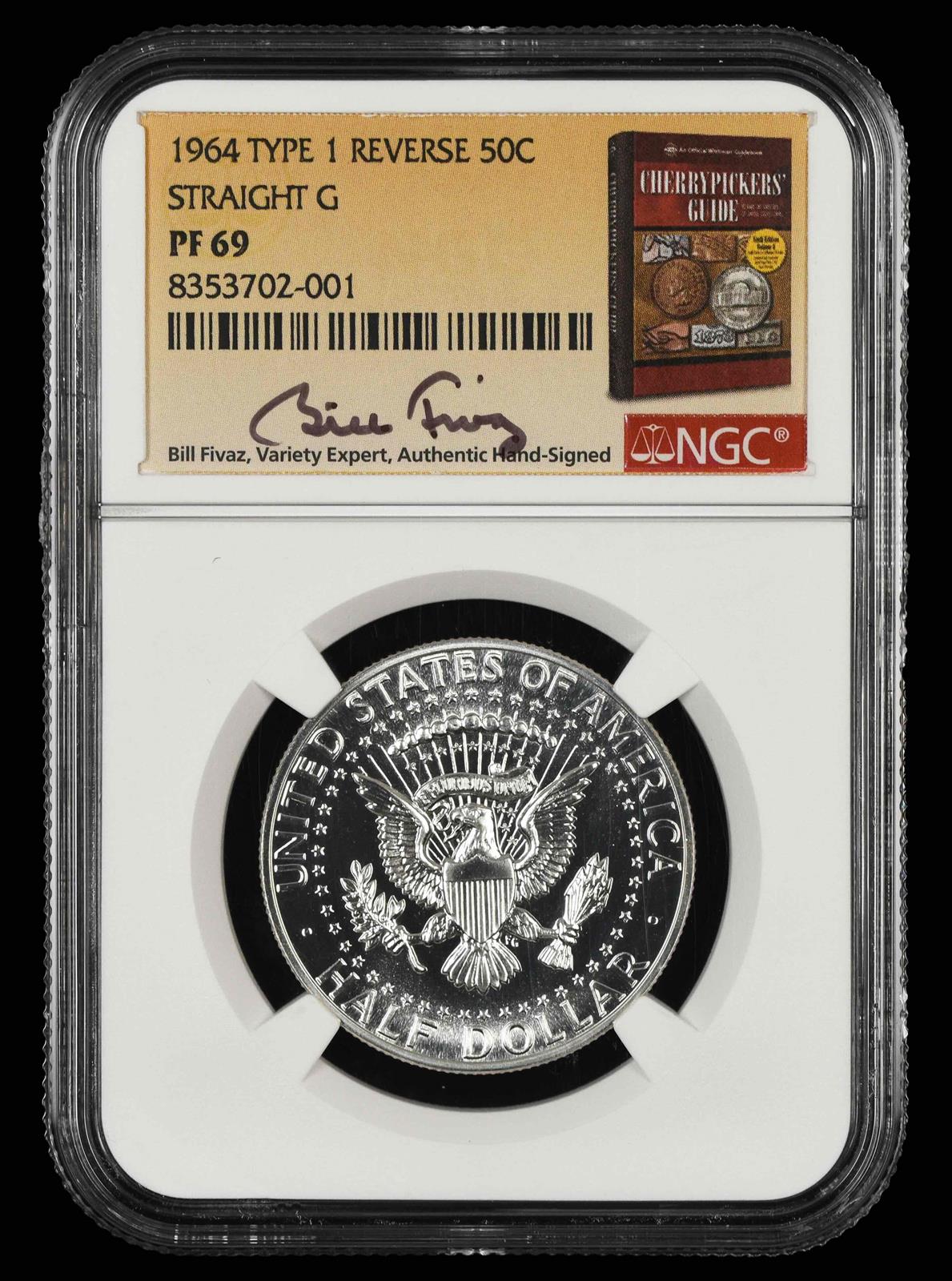 1964 Type 1 Reverse Kennedy Half Dollar Straight G Bill Fivaz Signature Label NGC  PF 69