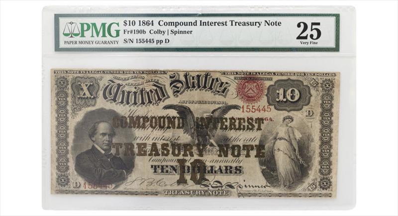 1864 $10 Compound Interest Treasury Note Fr# 190b - PMG  VF 25 - Colby / Spinner