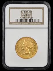 1843 O $10 Gold NGC AU-53
