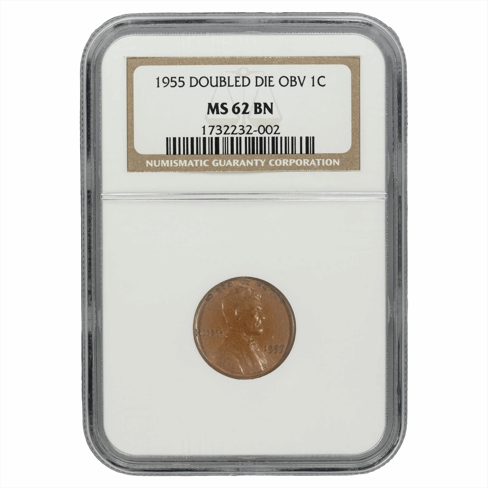 1955 Lincoln Cent Doubled Die Obverse 1c, NGC MS 62 BN - Key Date, FS-101