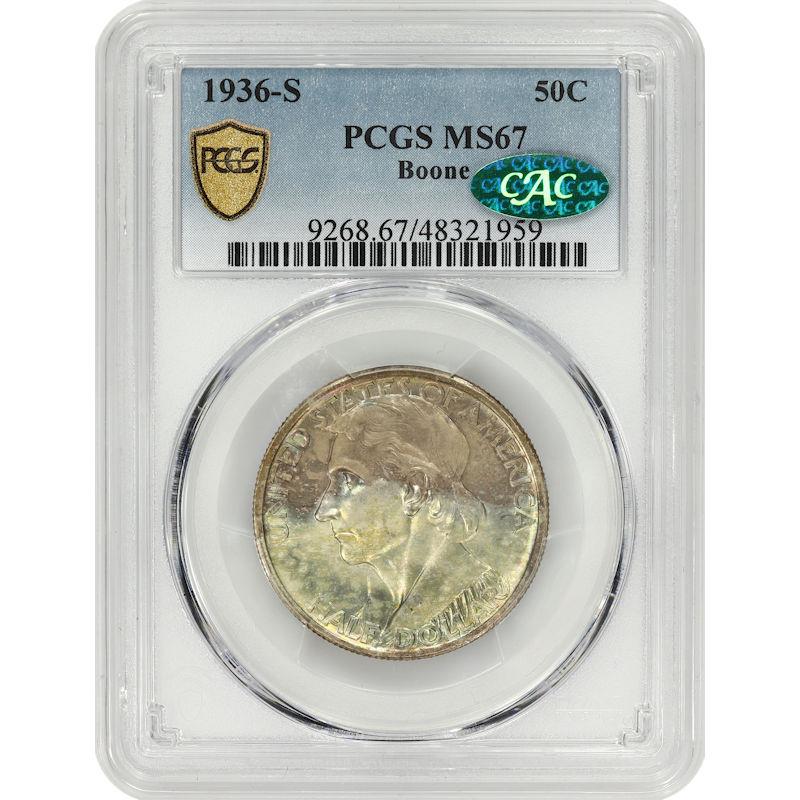 1936-S Boone Commemorative Half Dollar 50c, PCGS MS-67 CAC - Unusual and Attractive Toning 
