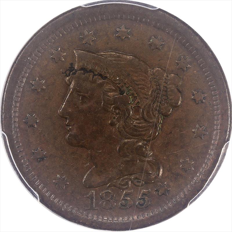 1855  Knob on Ear Braided Hair PCGS BN 40 - Nice Original Coin