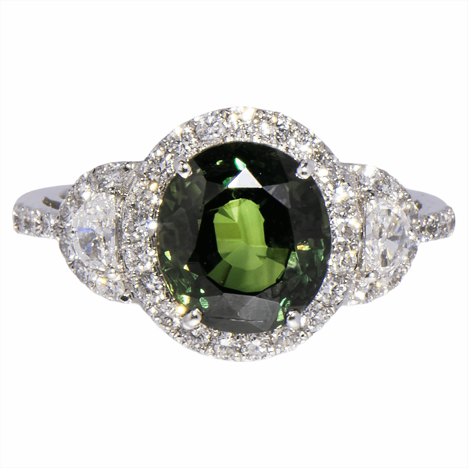 14KW Unheated Green Sapphire & Diamond Ring - 4.51 Ct Saph - .89 Ct Dia FG, VS - Size 7 - Has Cert - 4.86g 