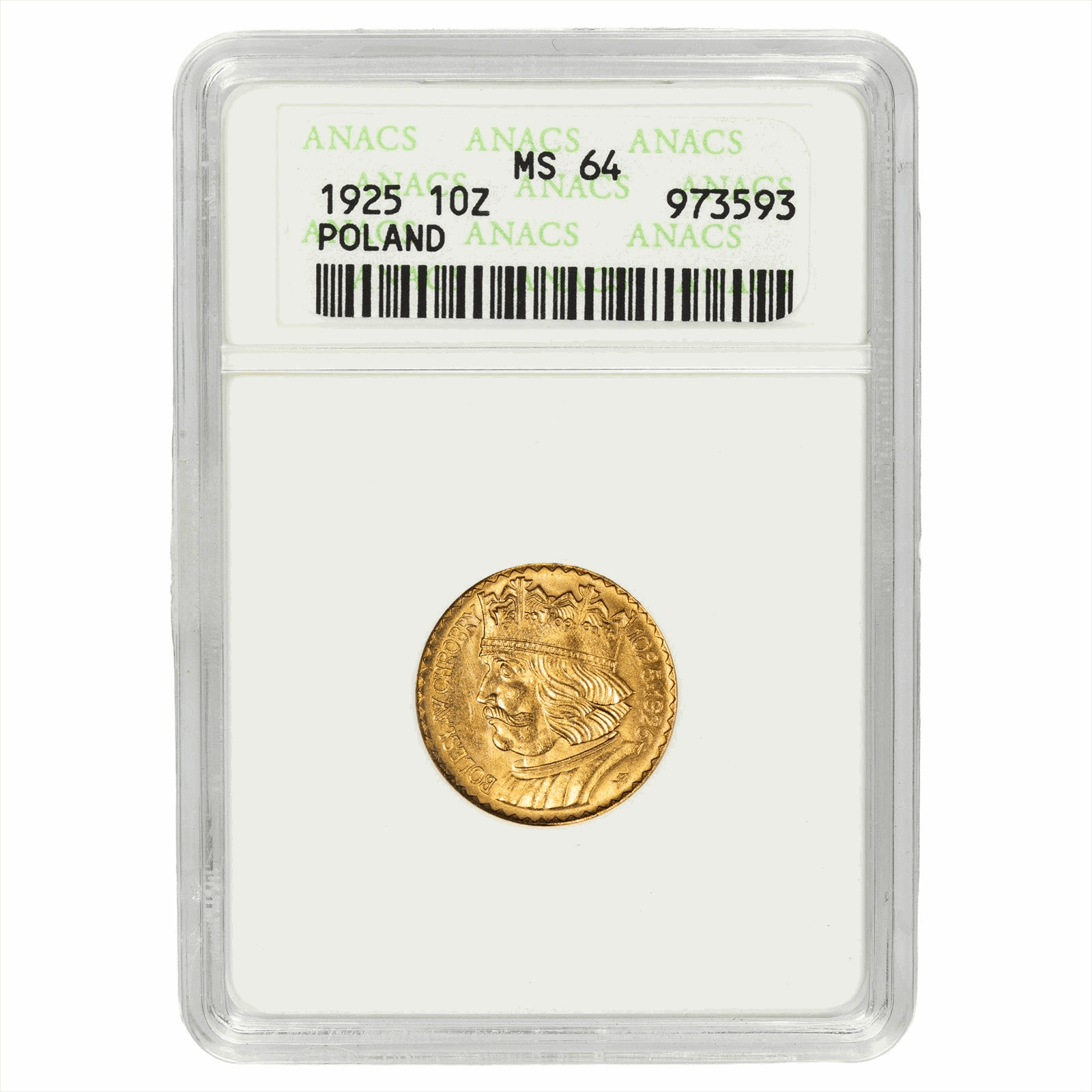 1925 Poland Gold 10 Złotych ANACS MS 64