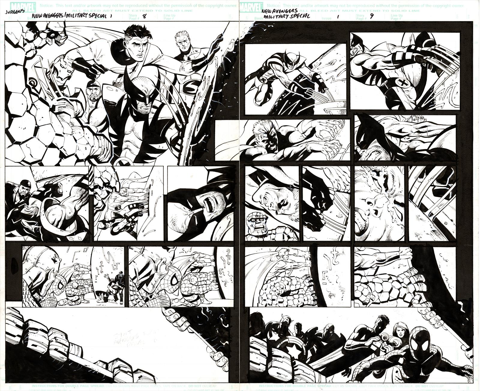 AAFES/New Avengers #1 Pages 8 & 9 Artist:  Dan Jurgens (Penciller) ,  Sandu Florea (Inker) Media Type: Pen and Ink Art Type: Double Page Splash 