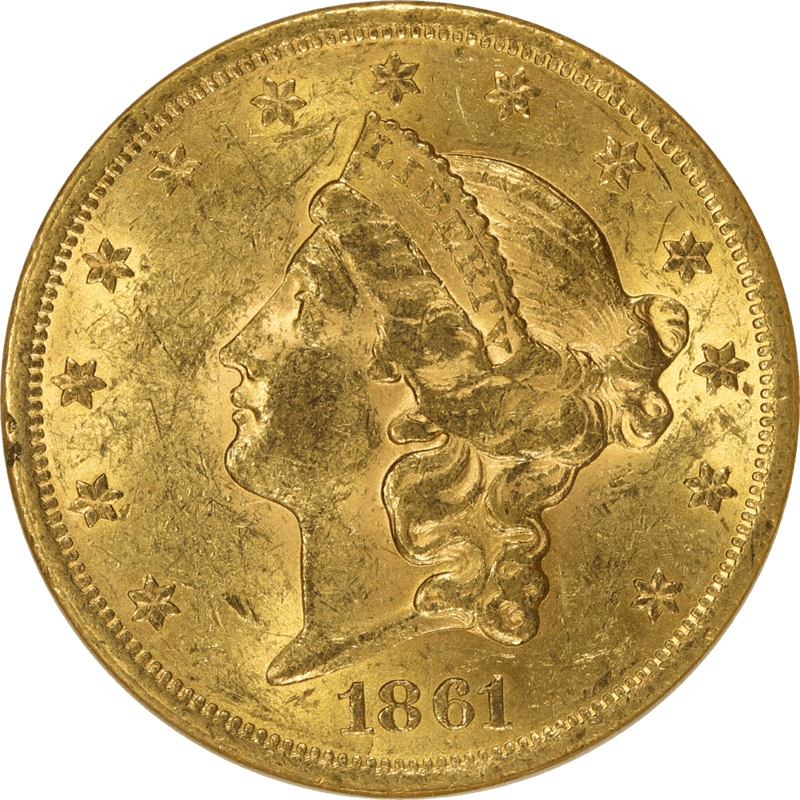 1861 Liberty Head $20 Gold Double Eagle, NGC AU 58