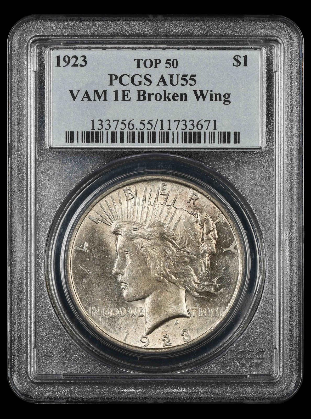 1923 $1 VAM 1E Broken Wing Top 50 PCGS AU55