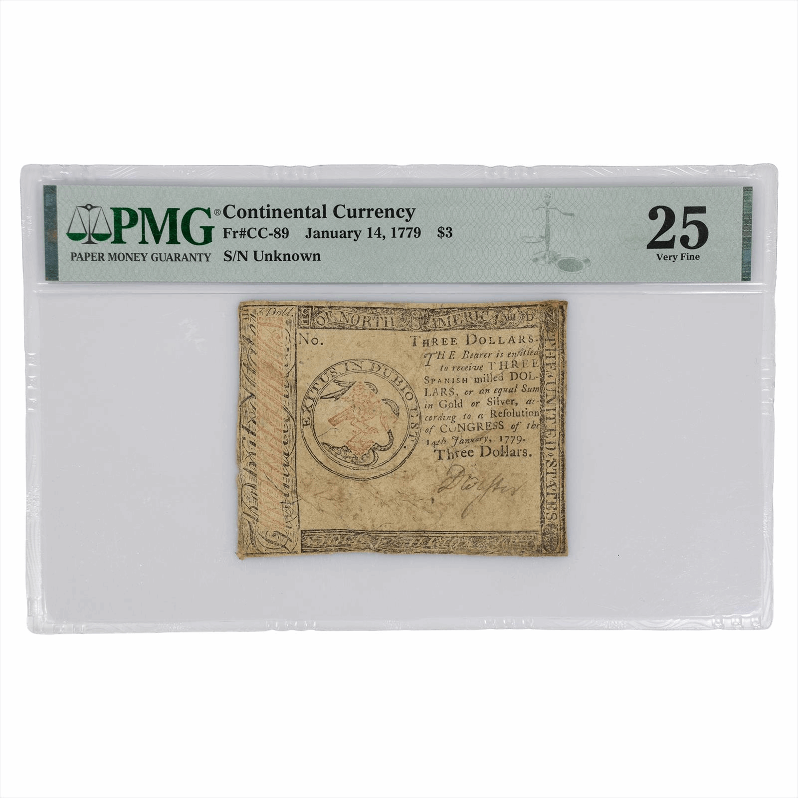 January 14, 1779 Continental Currency $3 FR#CC-89 PMG VF 25