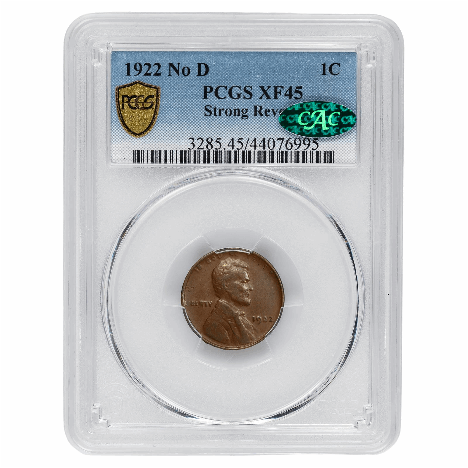 1922 No D Lincoln Wheat Cent 1C Strong Reverse PCGS XF 45 BN CAC
