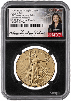 2026-W $50 1oz. Burnished American Gold Eagle, Bell Privy, Advanced Release, Enhanced Finish, MS70, NGC, Anna Cabral