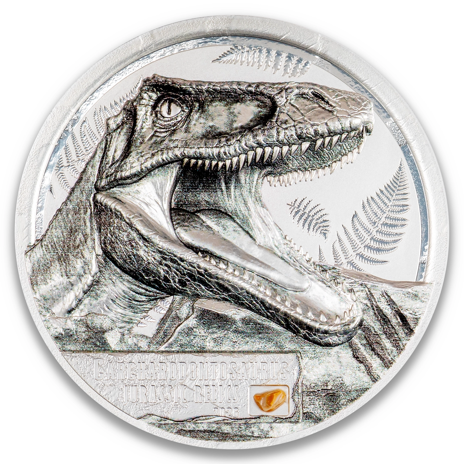 2026 Cook Islands Jurassic Relics - Carcharodontosaurus 1oz Silver Coin Ultra High Relief