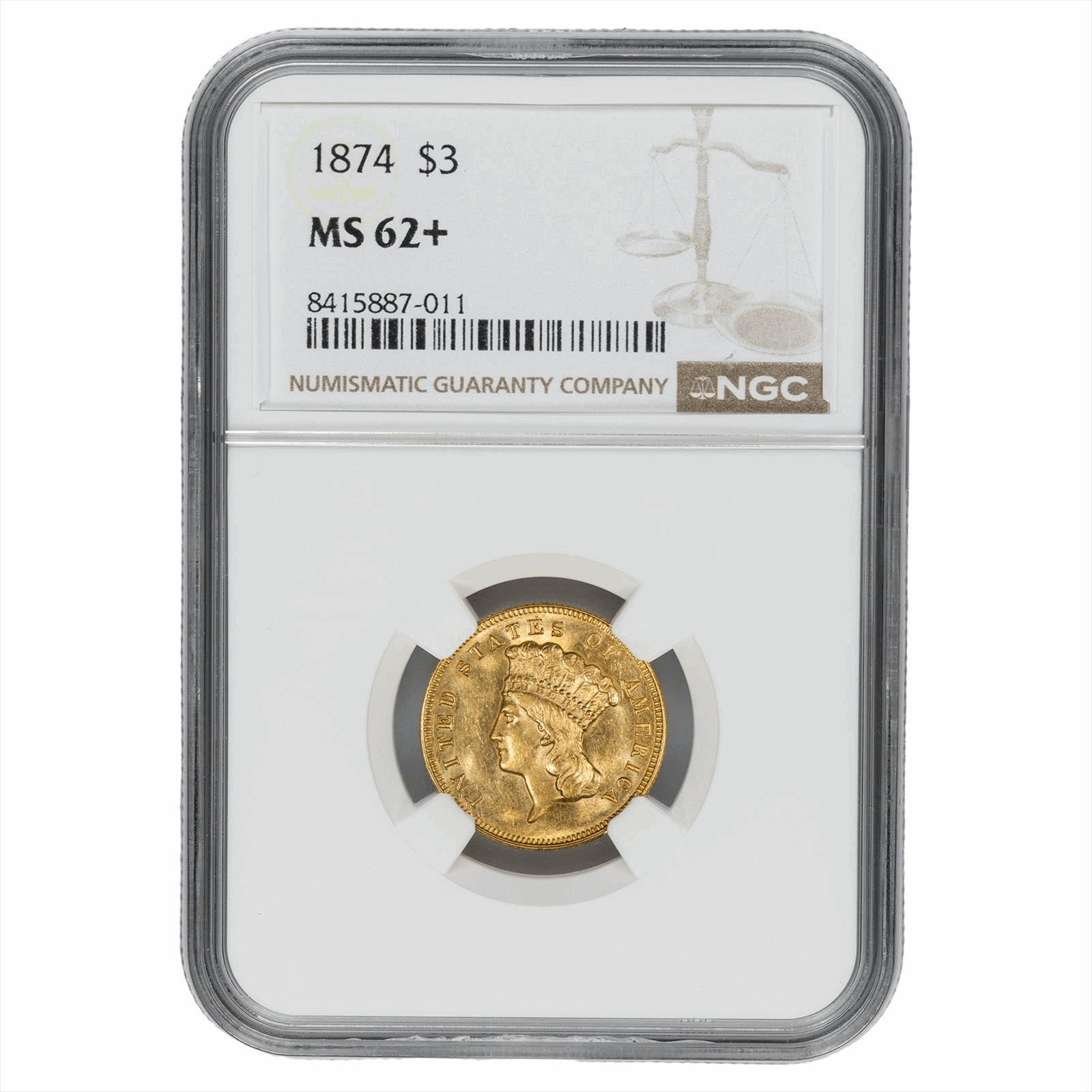 1874 Indian Princess Head $3 NGC MS 62+
