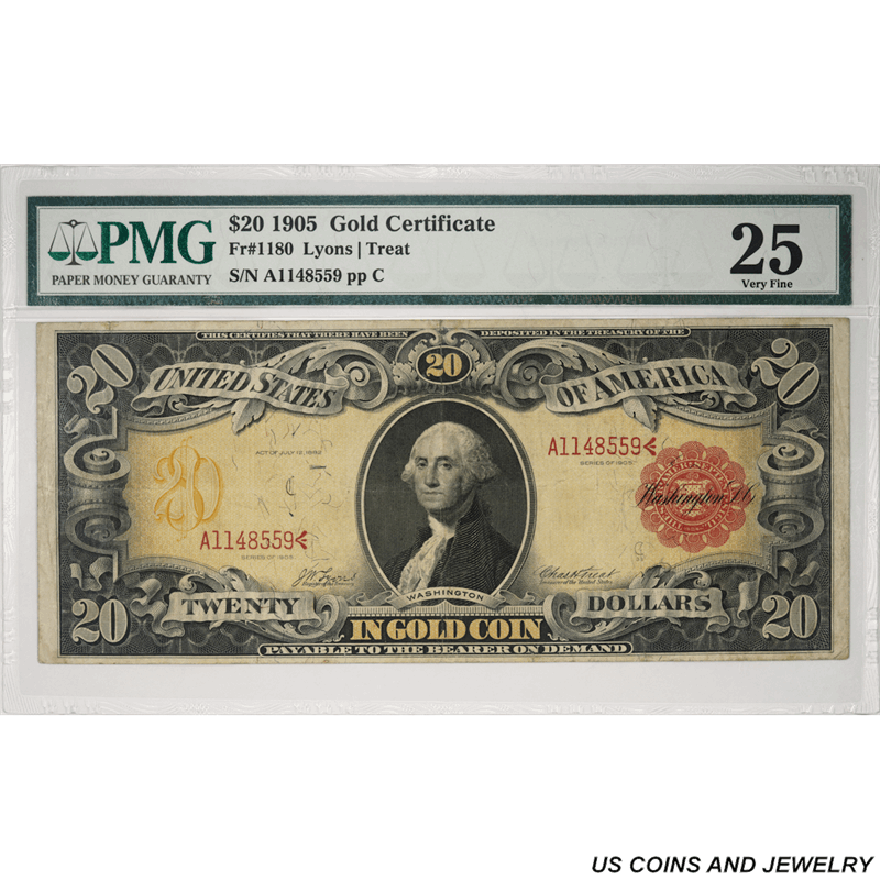 1905 $20 Gold Certificate, Fr. 1180, PMG PMG VF25 - Technicolor Note
