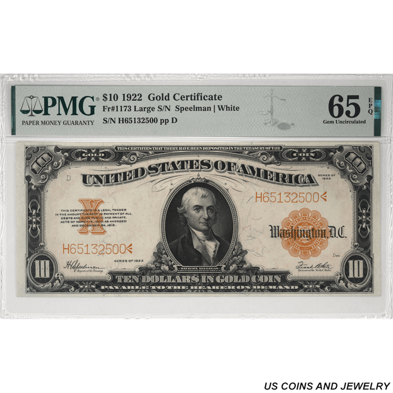 1922 $10 Gold Certificate,  Fr. 1173, PMG  65 Gem Uncirculated - Bright Colors