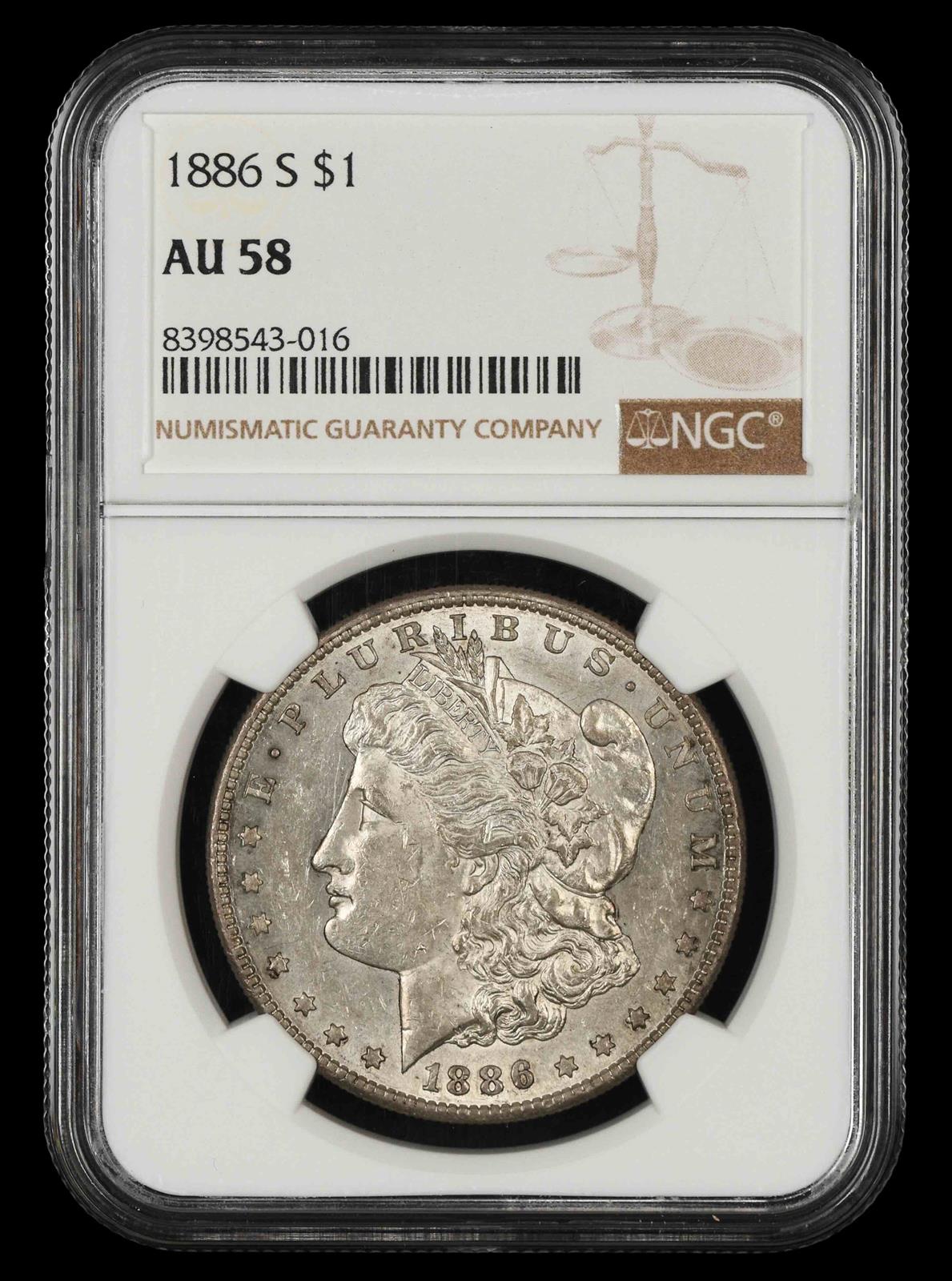 1886 S $1 NGC  AU 58
