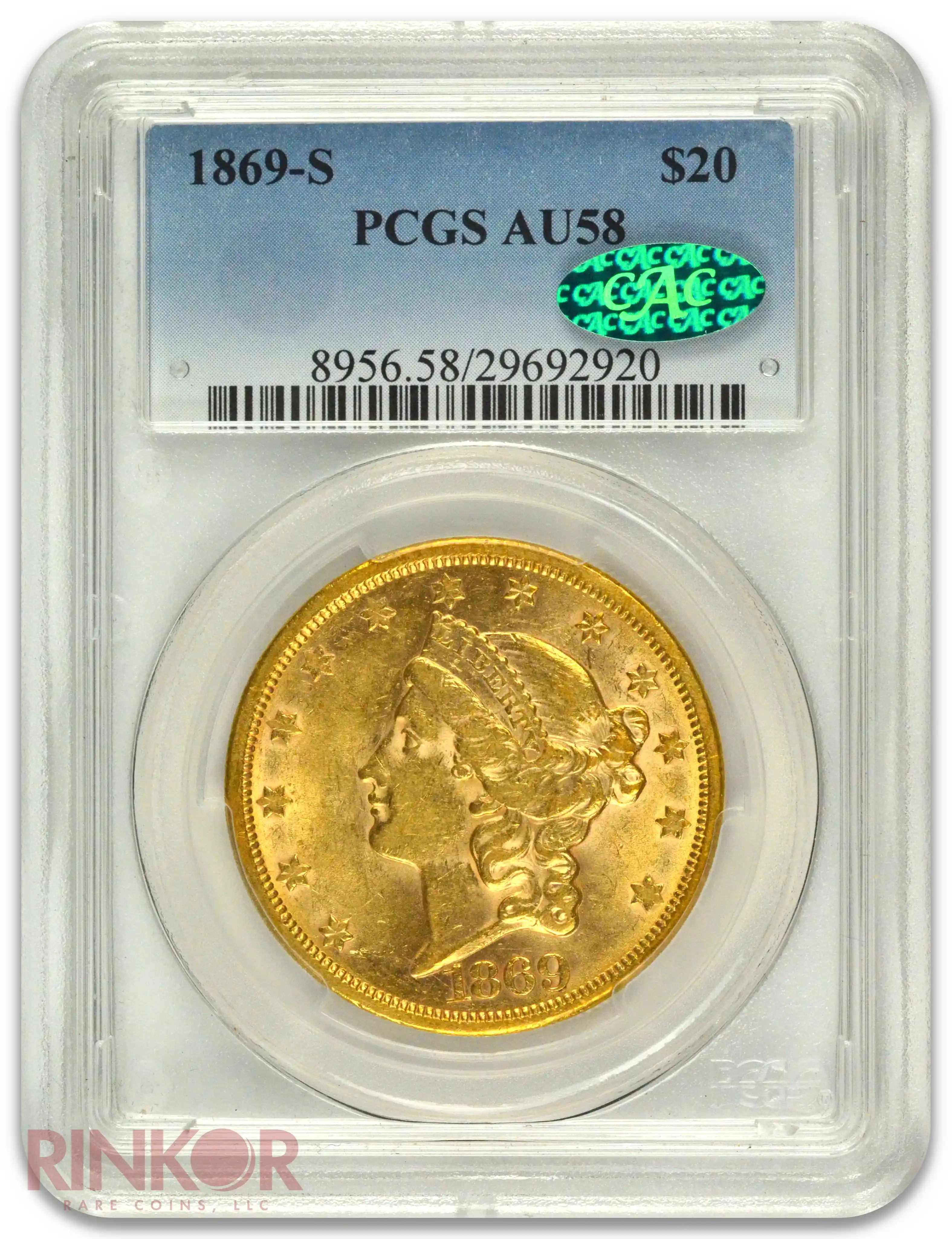 1869-S $20 Liberty PCGS AU-58 CAC