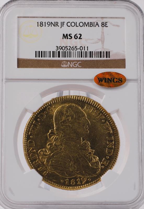 1819 NR JF Columbia Gold 8 Escudo NGC MS62 Wings 