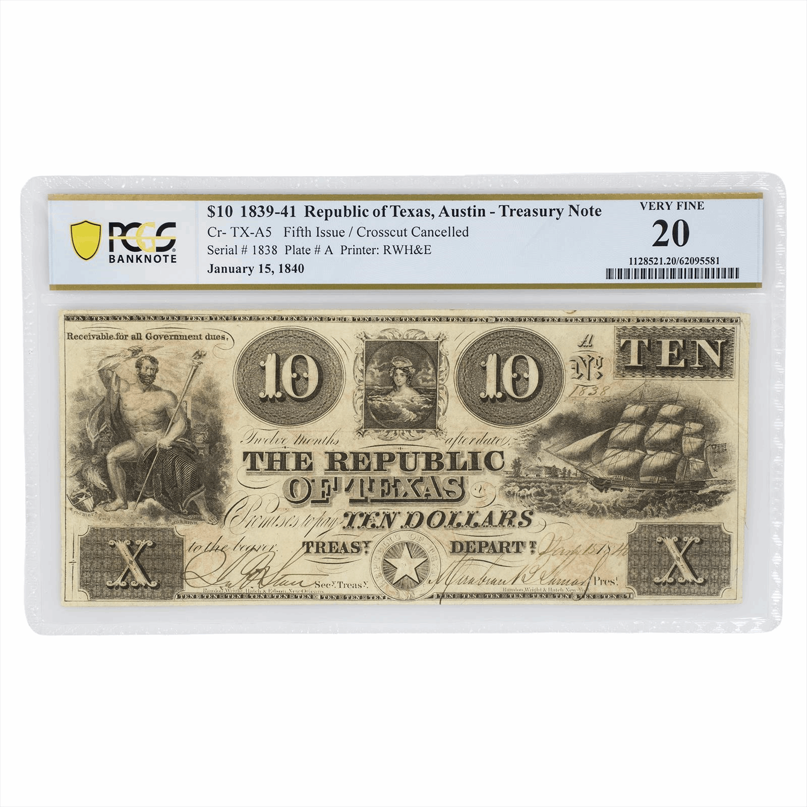 1840 Republic of Texas $10 Austin Red Back Treasury Note PCGS VF 20