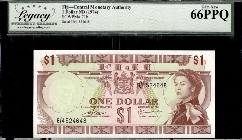 Fiji Central Monetary Authority 1 Dollar ND (1974) Gem New 66PPQ 