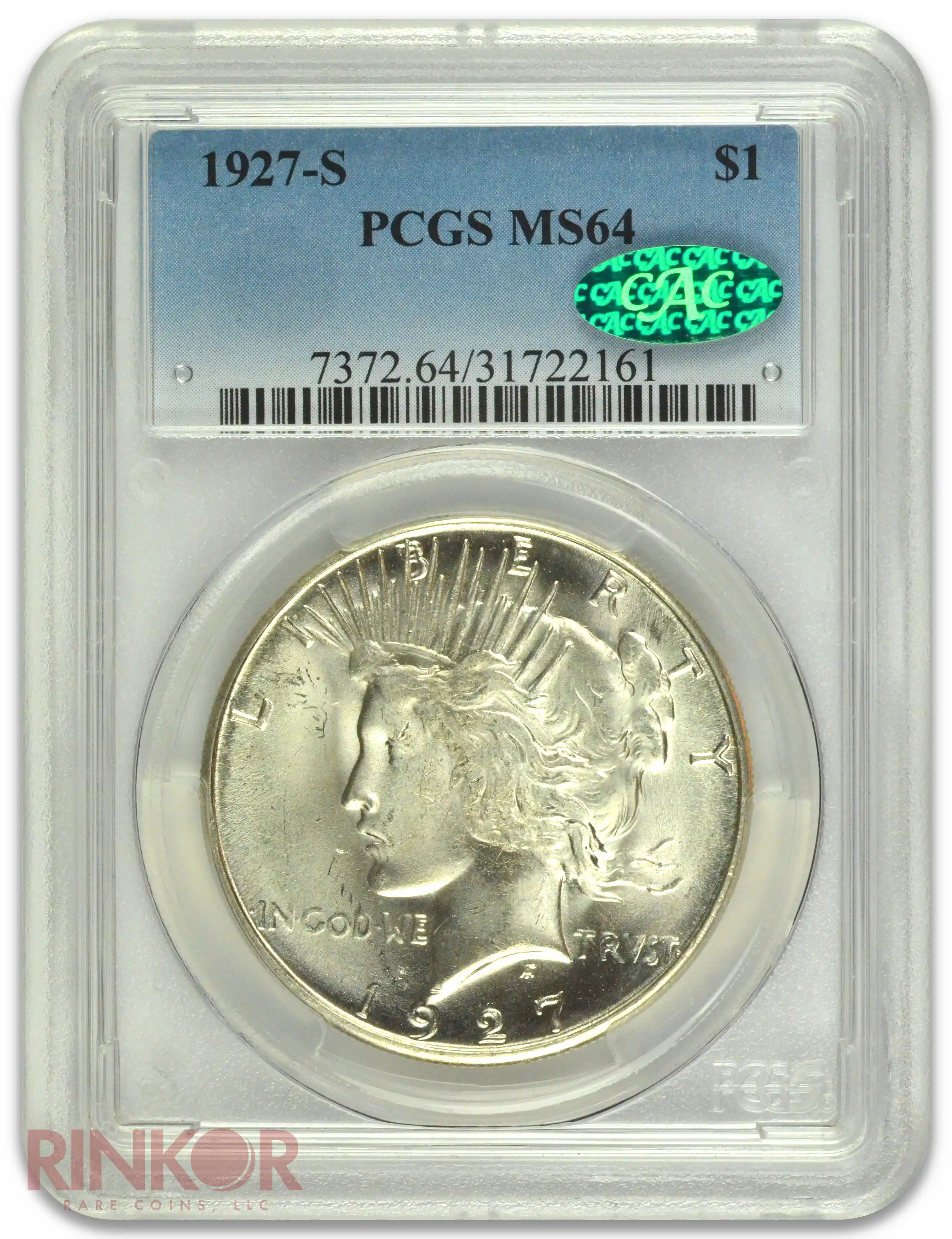 1927-S $1 Peace Dollar PCGS MS 64 CAC