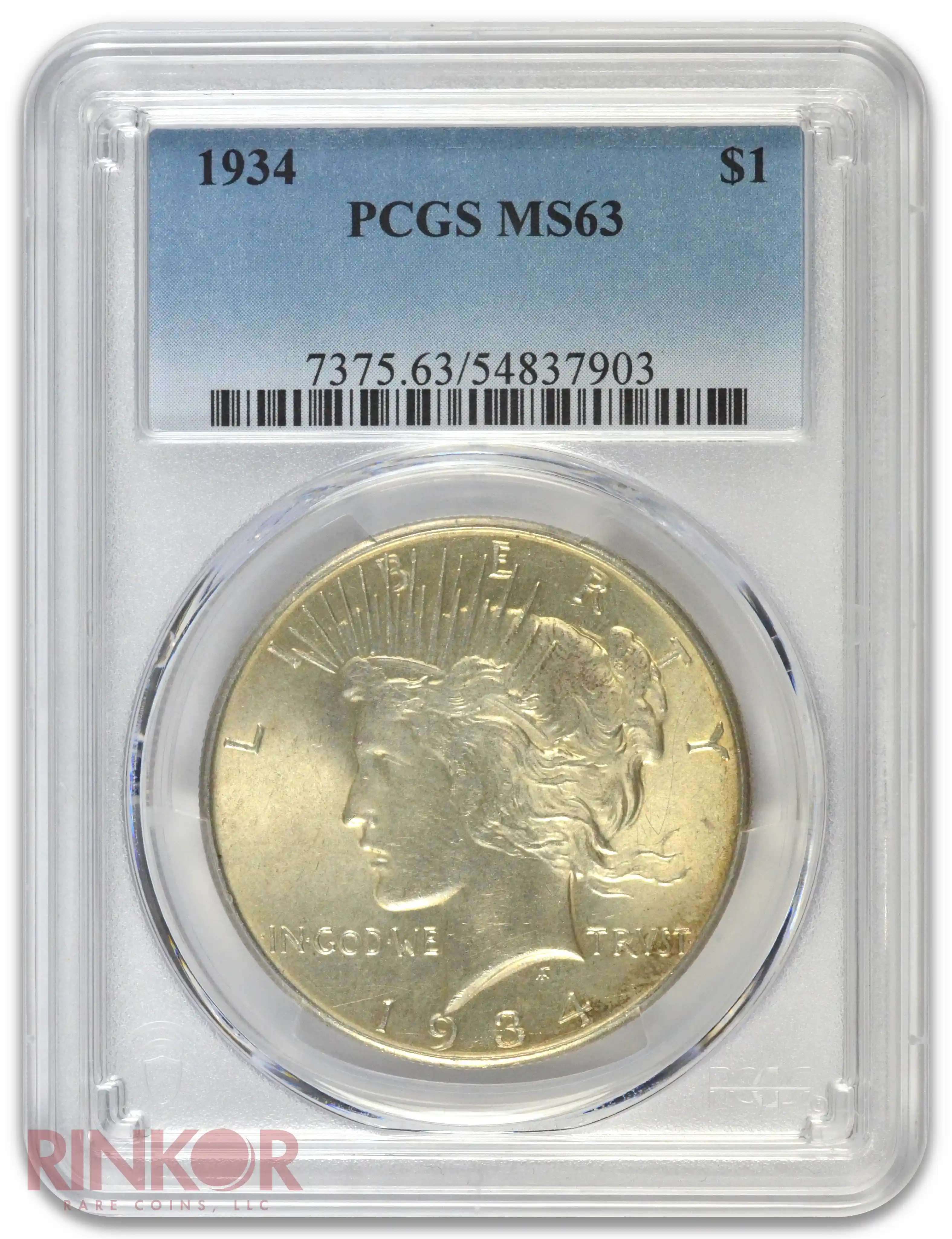 1934 $1 Peace Dollar PCGS MS 63