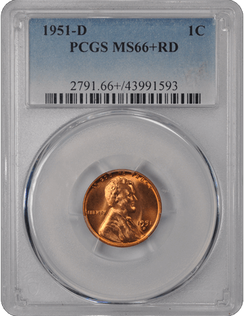 1951-D 1C Lincoln Cent - Type 1 Wheat Reverse PCGS RD #3434-3 MS66+
