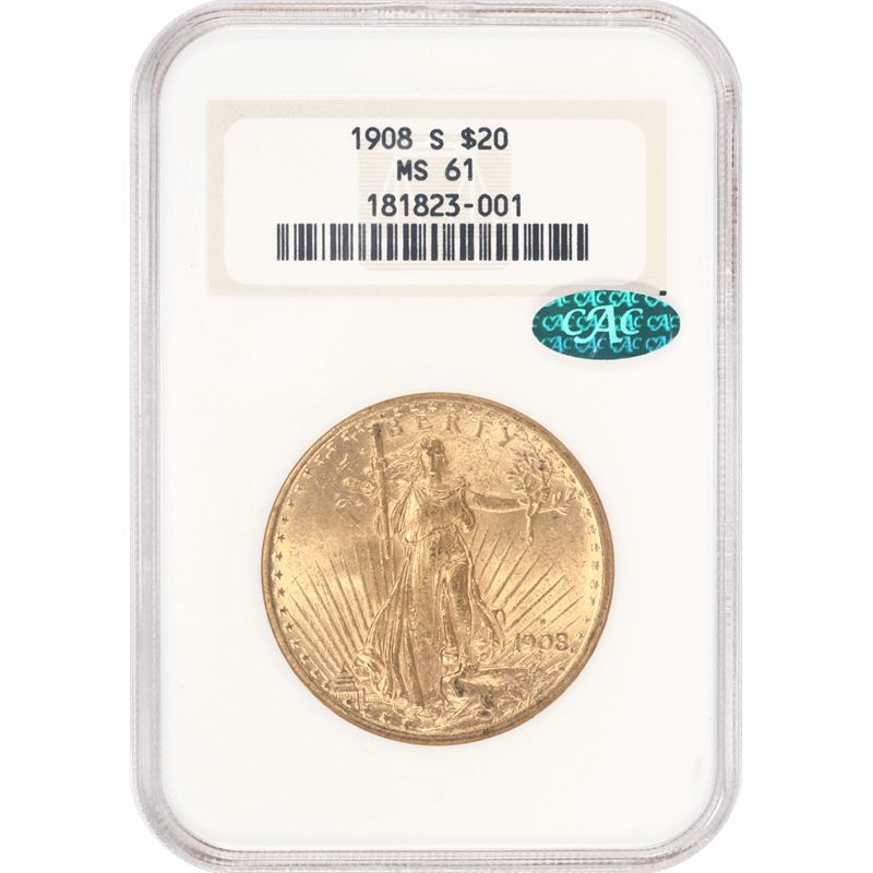 1908-S St. Gaudens $20 Gold Double Eagle NGC MS 61 CAC - Old NGC Holder, Nice