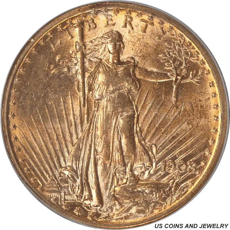 1908-D No Motto St. Gaudens $20 Gold Double Eagle PCGS MS 62 Nice Original Patina
