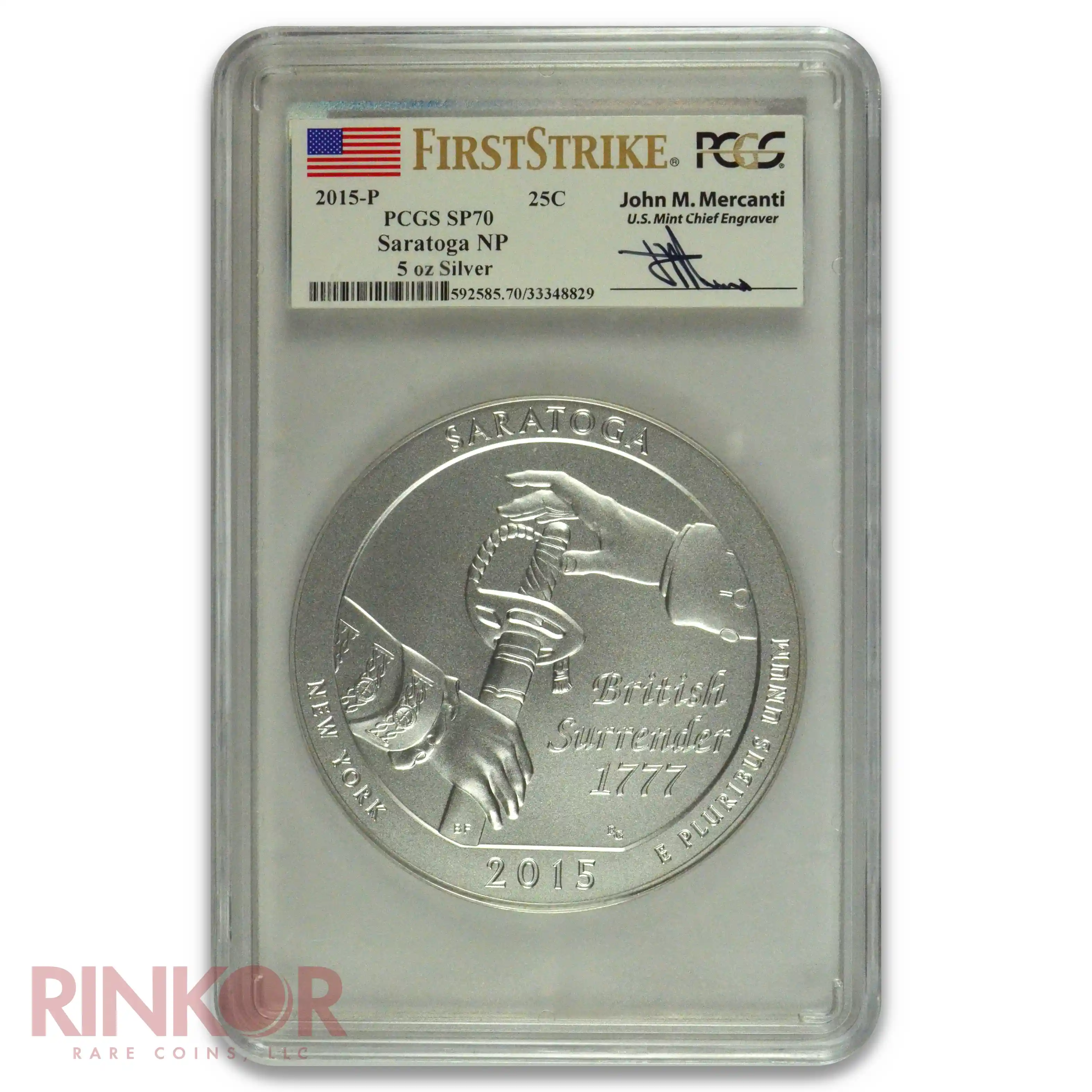 2015-P 5oz America the Beautiful Saratoga First Strike Mercanti PCGS SP 70