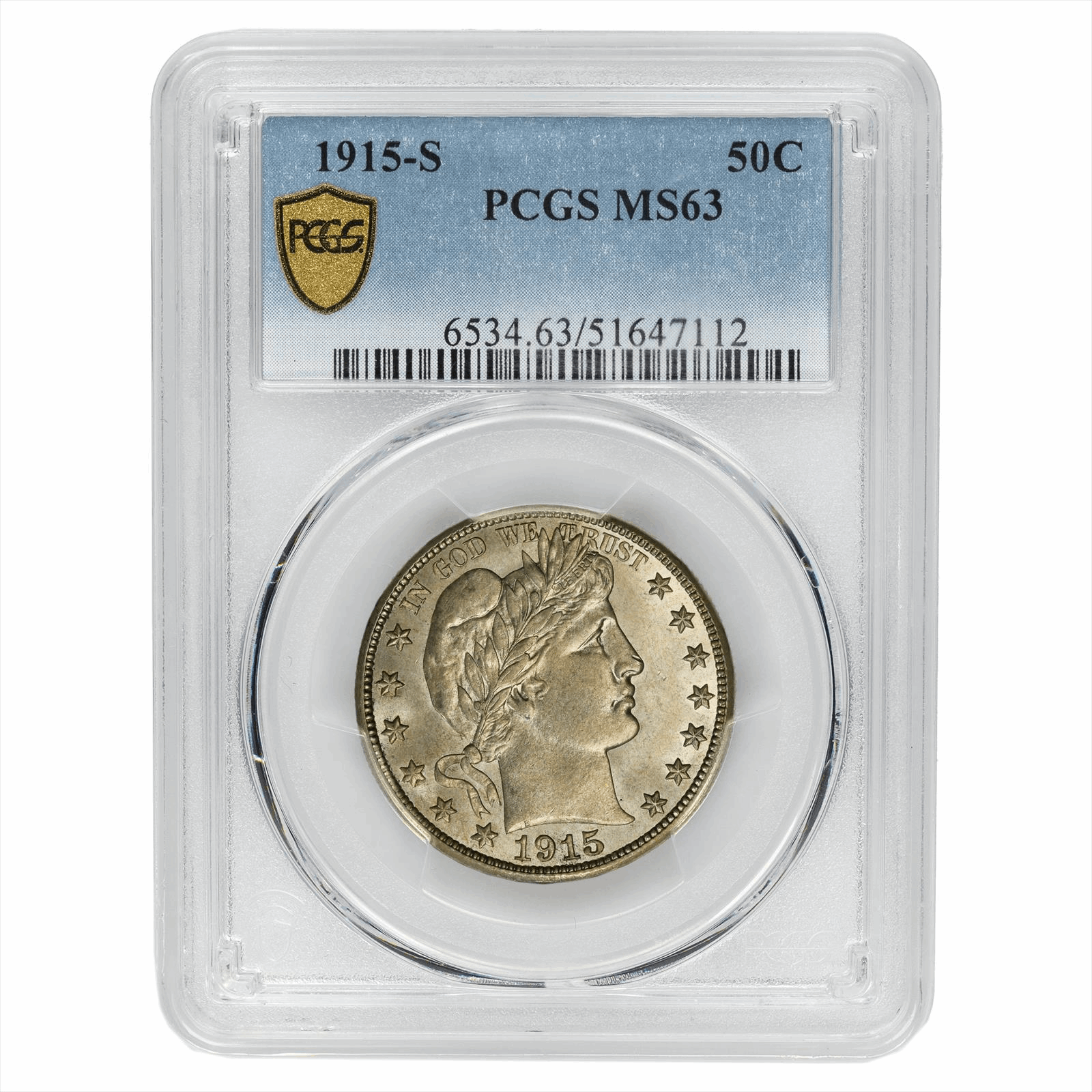 1915-S Barber Half Dollar 50c - PCGS MS 63 