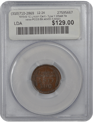 1919-S 1C Lincoln Cent - Type 1 Wheat Reverse PCGS BN #3452-5 MS63