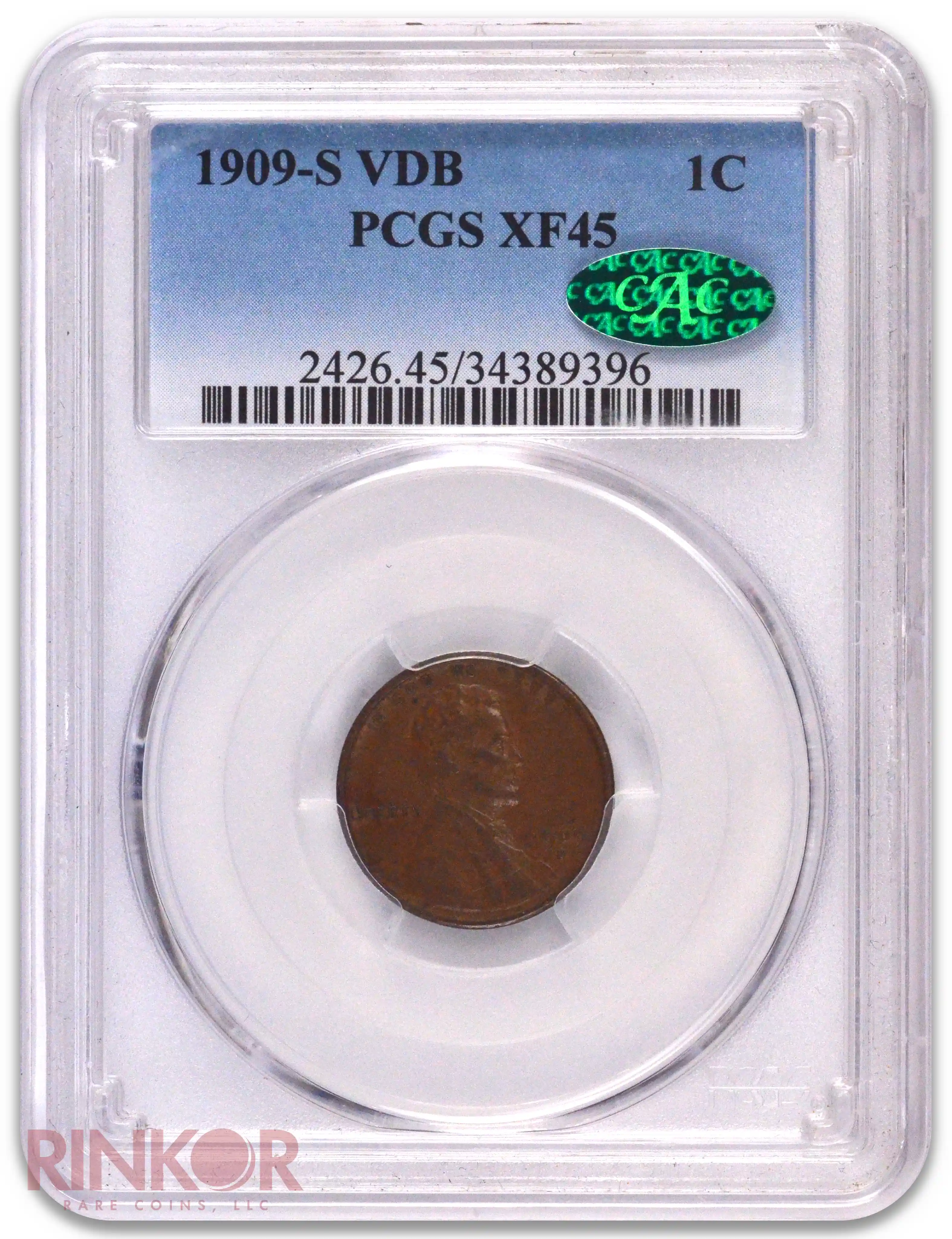 1909-S VDB 1C Lincoln Wheat Cent PCGS XF-45 CAC